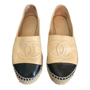 Chanel Espadrilles Lamb Skin Leather Cap Toe Flat Beige and Black Size 38